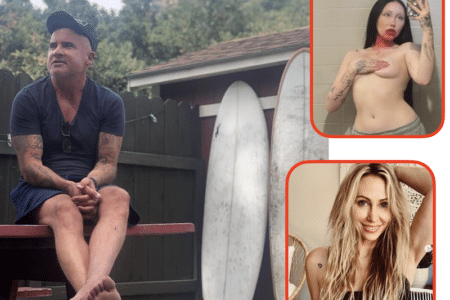 Dom Purcell with surfboards and Noah Cyrus (top right) and Tish Cyrus (bottom right).